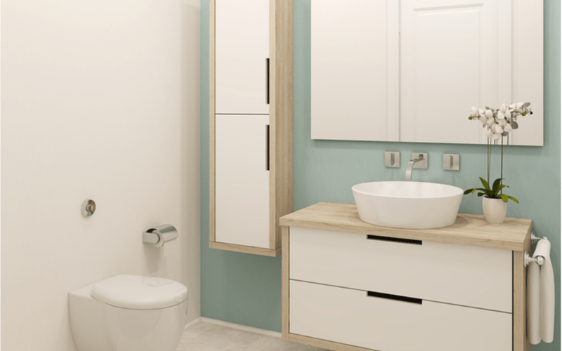 koupelna se stěnou mátové barvy s bílými závěsnými koupelnovými skříňkami