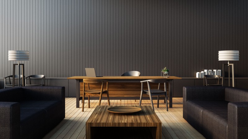Dřevěný konferencní stolek v šedém laděném obývacím pokoji