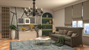 Obývací pokoj s velkým lustrem