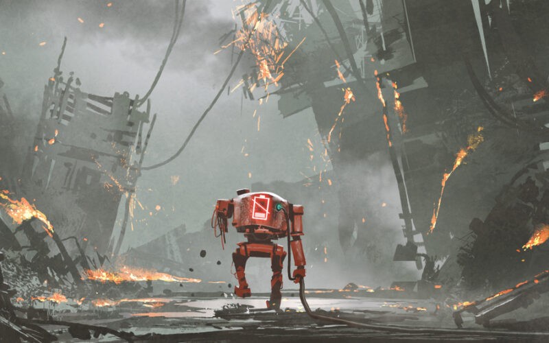 Jak oživit li-ion baterii - rozbitý robot s vybitou baterií v zničeném městě, ilustrační malba