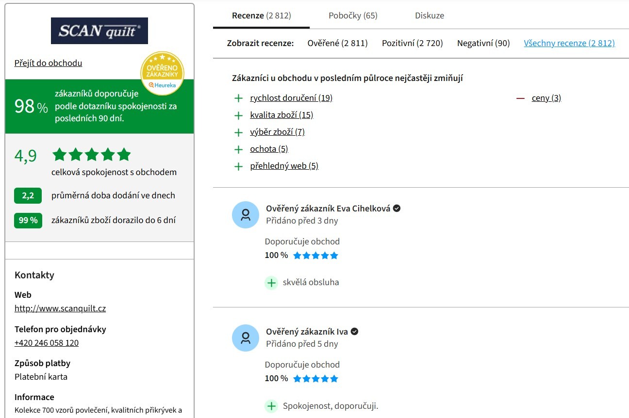 SCANquilt recenze eshopu - Heureka